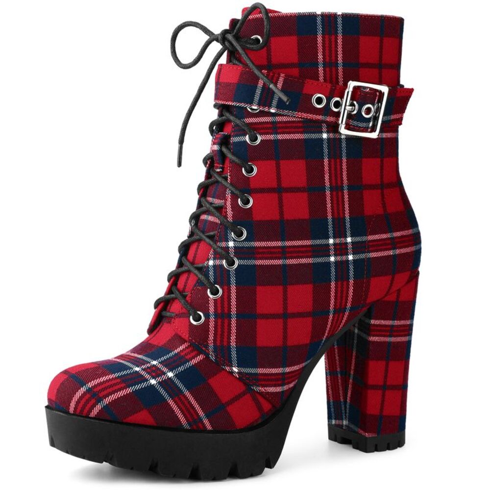 Platform Lace Up Chunky Heel Plaid Printed Red Ankle Combat Boots